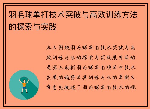 羽毛球单打技术突破与高效训练方法的探索与实践