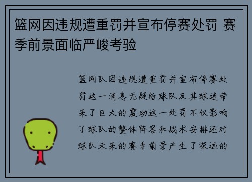 篮网因违规遭重罚并宣布停赛处罚 赛季前景面临严峻考验
