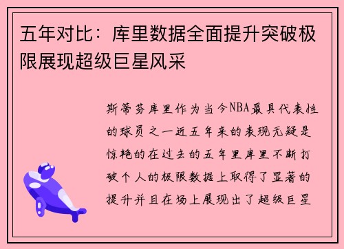 五年对比：库里数据全面提升突破极限展现超级巨星风采